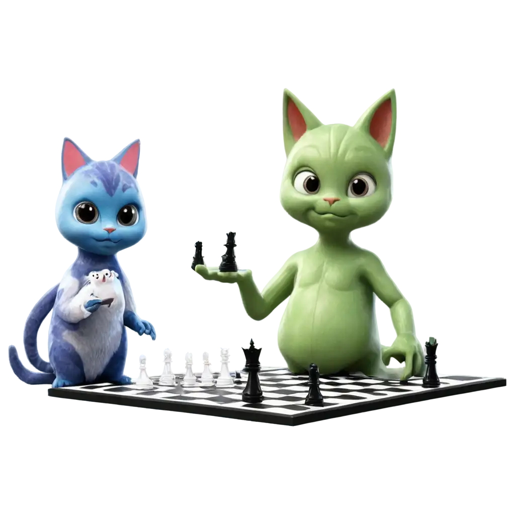 Friendly-Alien-Playing-Chess-with-Surprised-Cat-and-Spaceship-PNG-Image-Creation