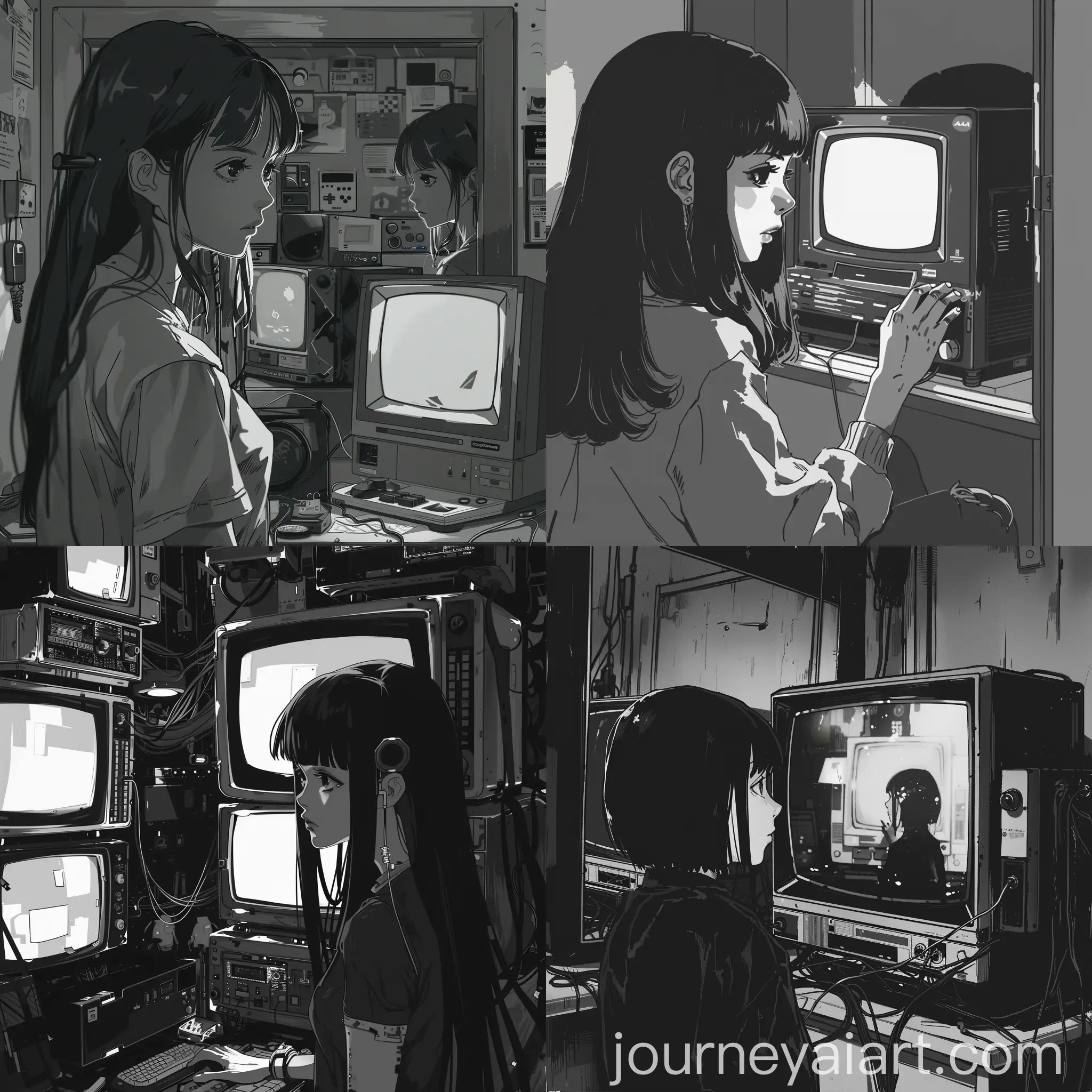 Monotone-Anime-Girl-Reflecting-in-a-Futuristic-Room-with-TVs-and-Machines