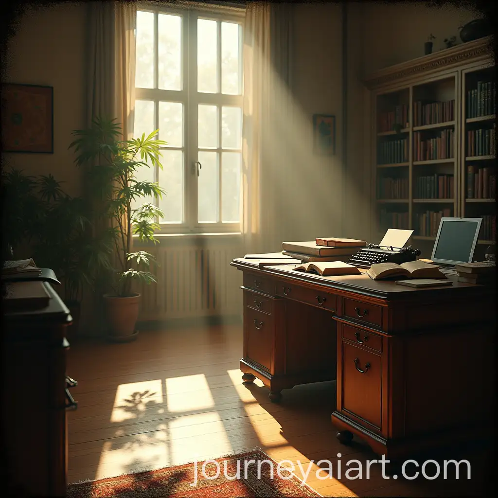 Vintage-Office-Desk-with-Typewriter-and-Books-in-Sunlit-Room
