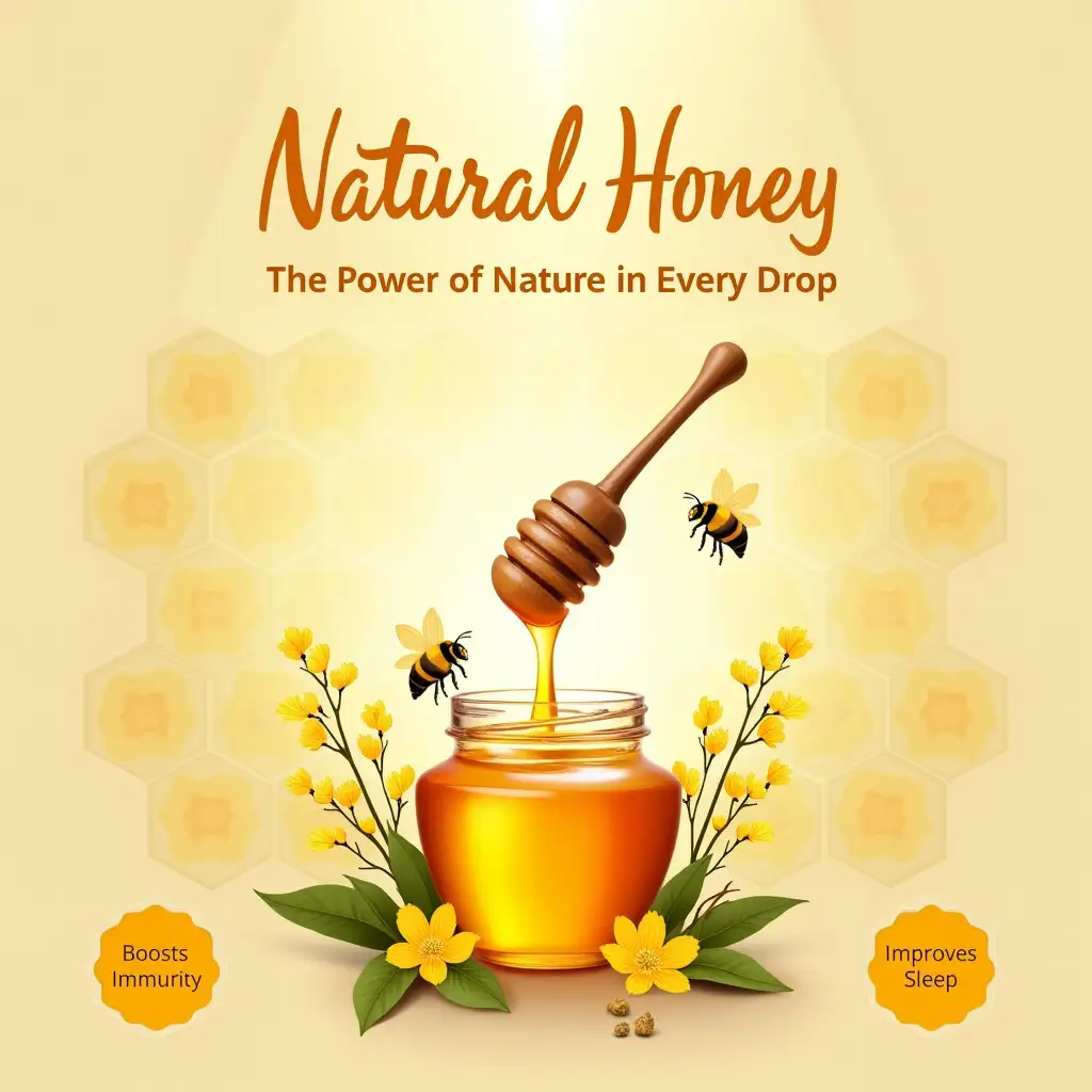 Elegant organic honey poster. Hexagonal honeycomb pattern background in soft beige. Central focal point: glass honey jar with wooden dipper, golden honey dripping. Realistic honeybees and delicate wildflowers surrounding. Top text in graceful script: 'Natural Honey: The Power of Nature in Every Drop'. Bottom left and right corners: circular badges with 'Boosts Immunity' and 'Improves Sleep' in modern sans-serif. Color palette: warm honey gold, soft beige, muted olive green. Gentle sun rays filtering through, creating a natural, warm ambiance. Photorealistic style, soft focus edges.