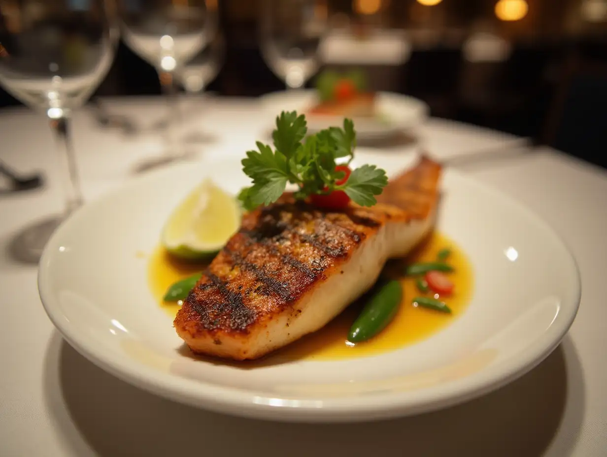 Elegant-Presentation-of-Gourmet-Grilled-Fish-in-HighEnd-Restaurant