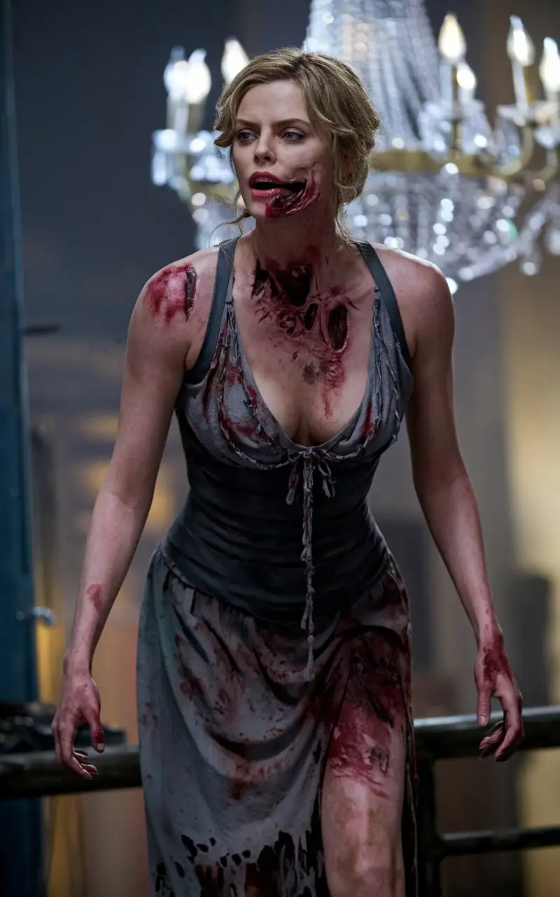 Charlize-Theron-as-a-Zombie-in-HighHeeled-Sandals-and-Deep-Neckline