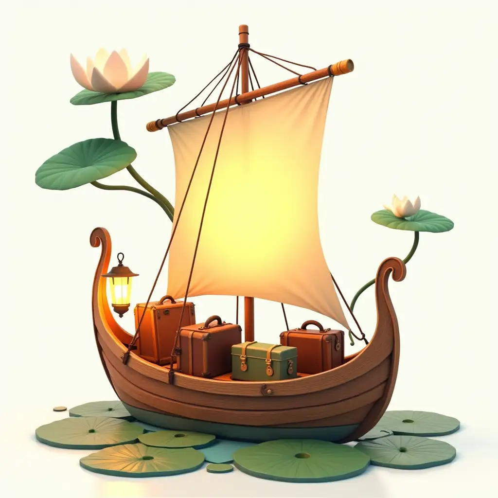 A beautiful and attractive, fully 3D image in the style of cartoons and 3D animations of Pixar of a wooden sailboat filled with old suitcases, a nostalgic old lamp hanging at the front and one at the back of the ship, under a large and bright canopy of lotus leaves, with soft light and a gentle, almost magical atmosphere, the background of the image is white.