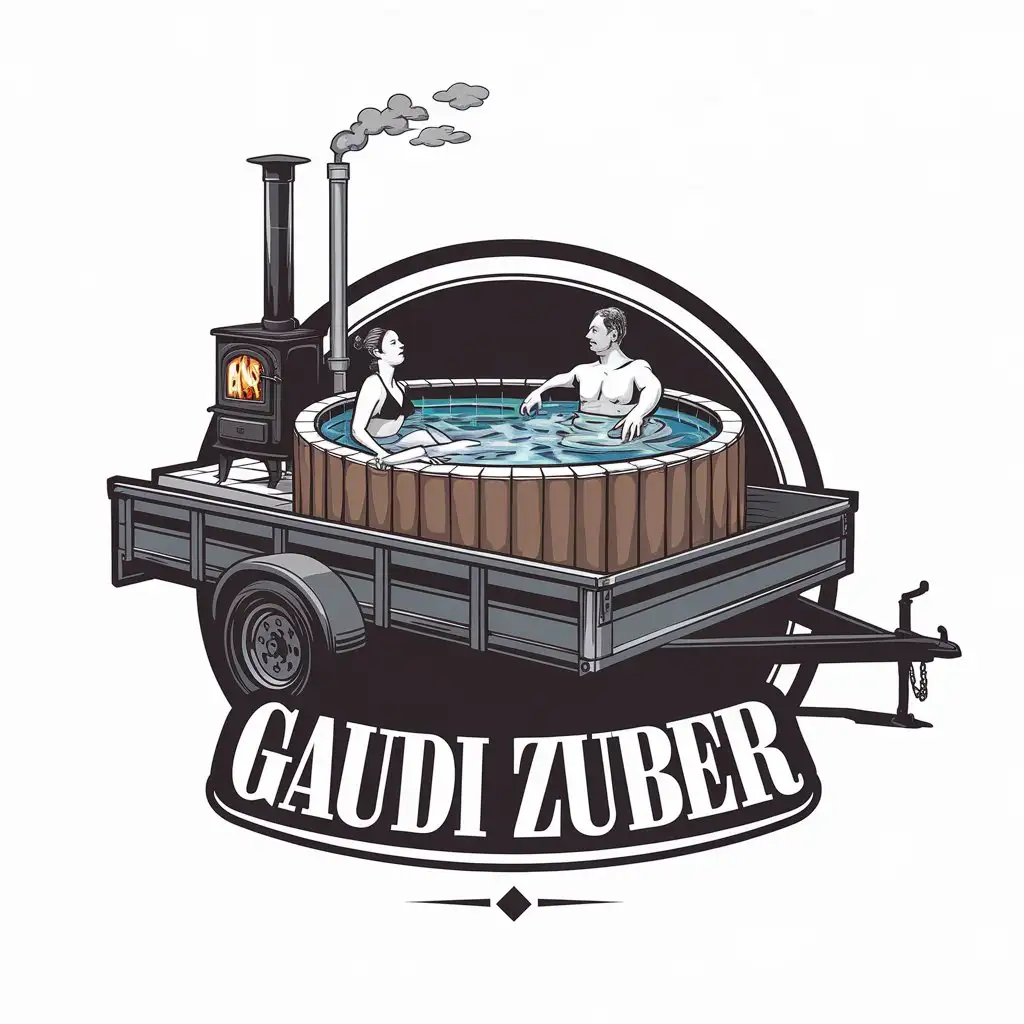 LOGO Design for Gaudi Zuber Hot Tub Pool on Trailer with Wood Stove and Couple in Pool