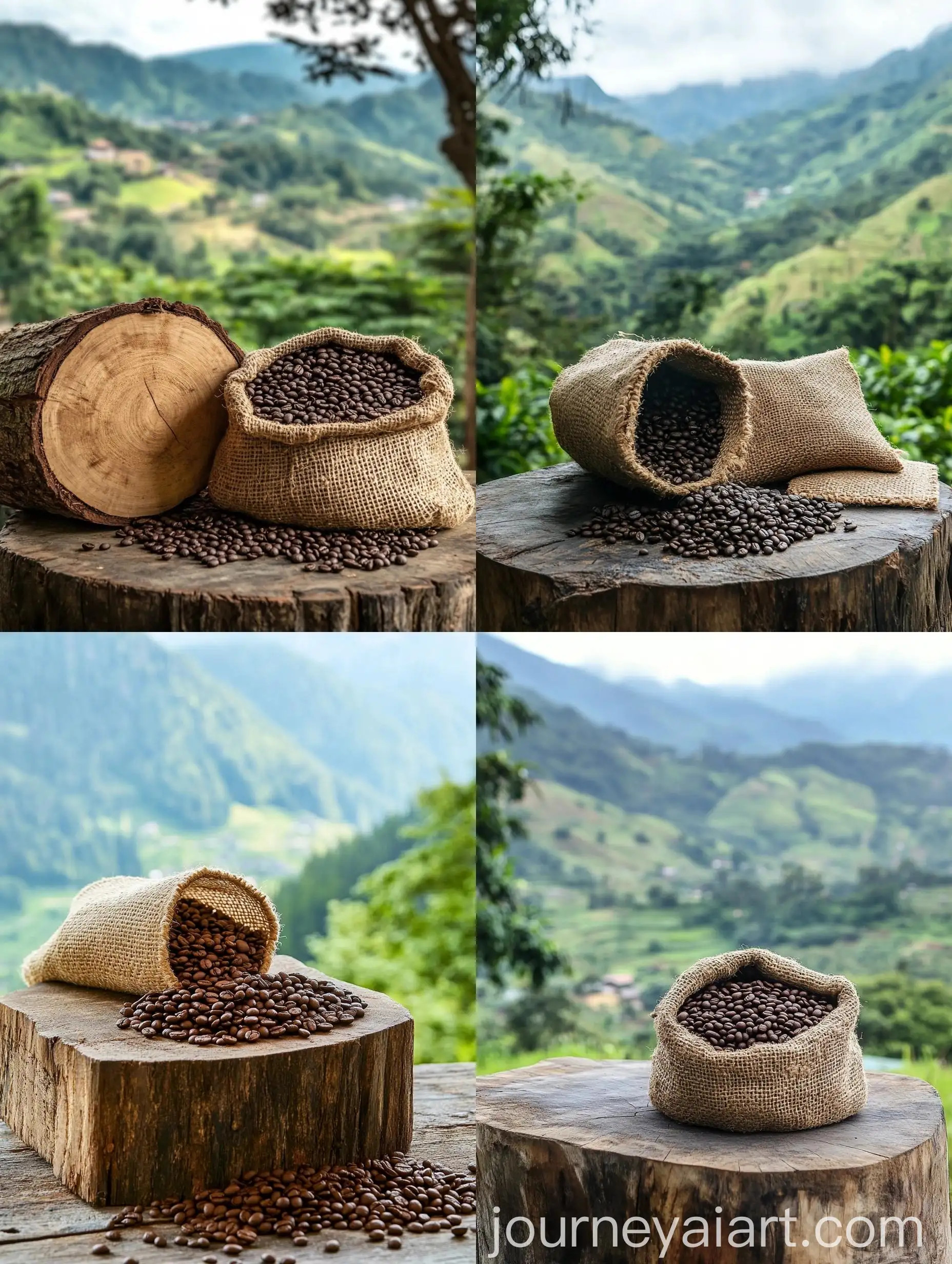 Coffee-Beans-on-Wooden-Table-with-Mountain-Valley-Background