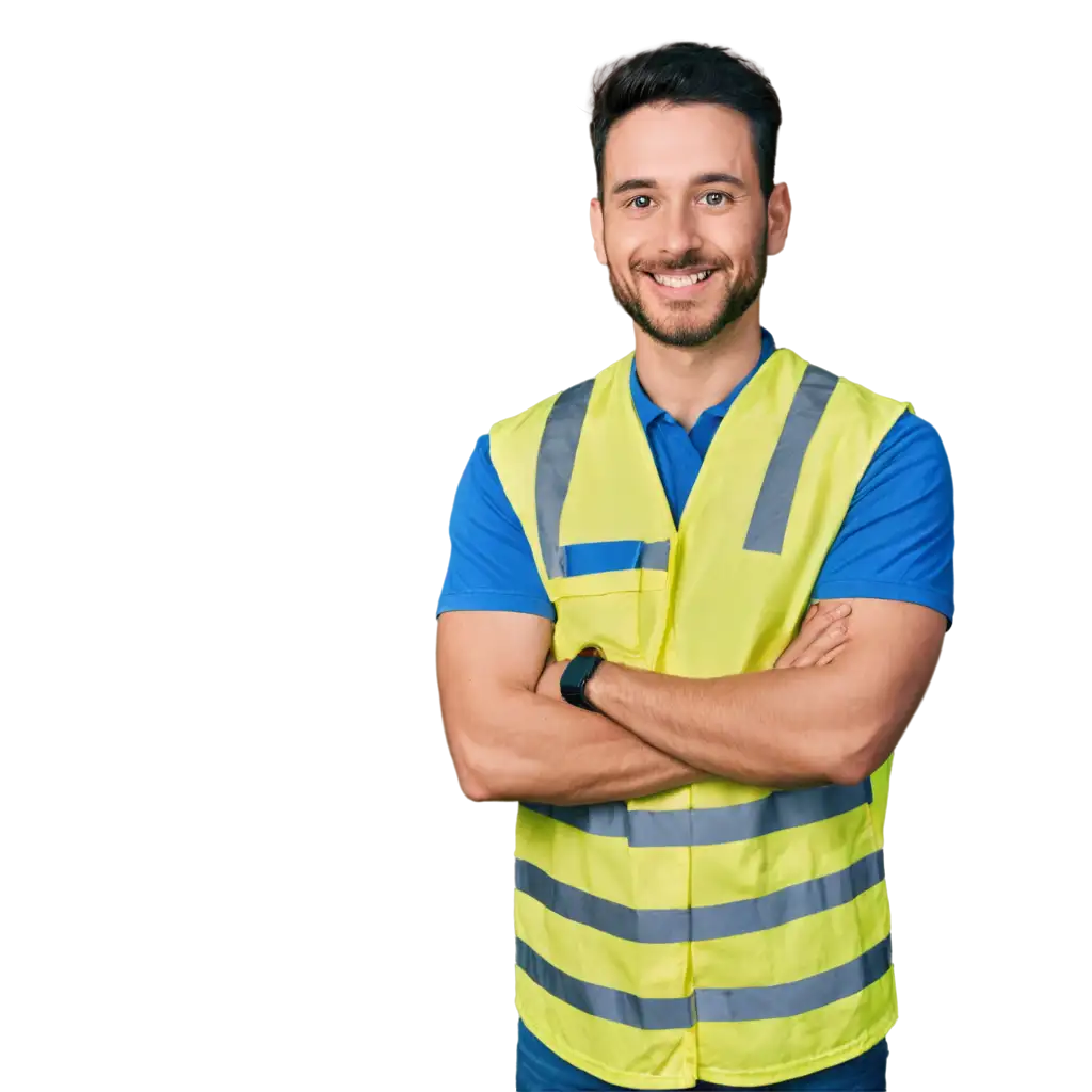 crossed arms smiling man wearing a reflective safety vest and posing on transparency background PNG