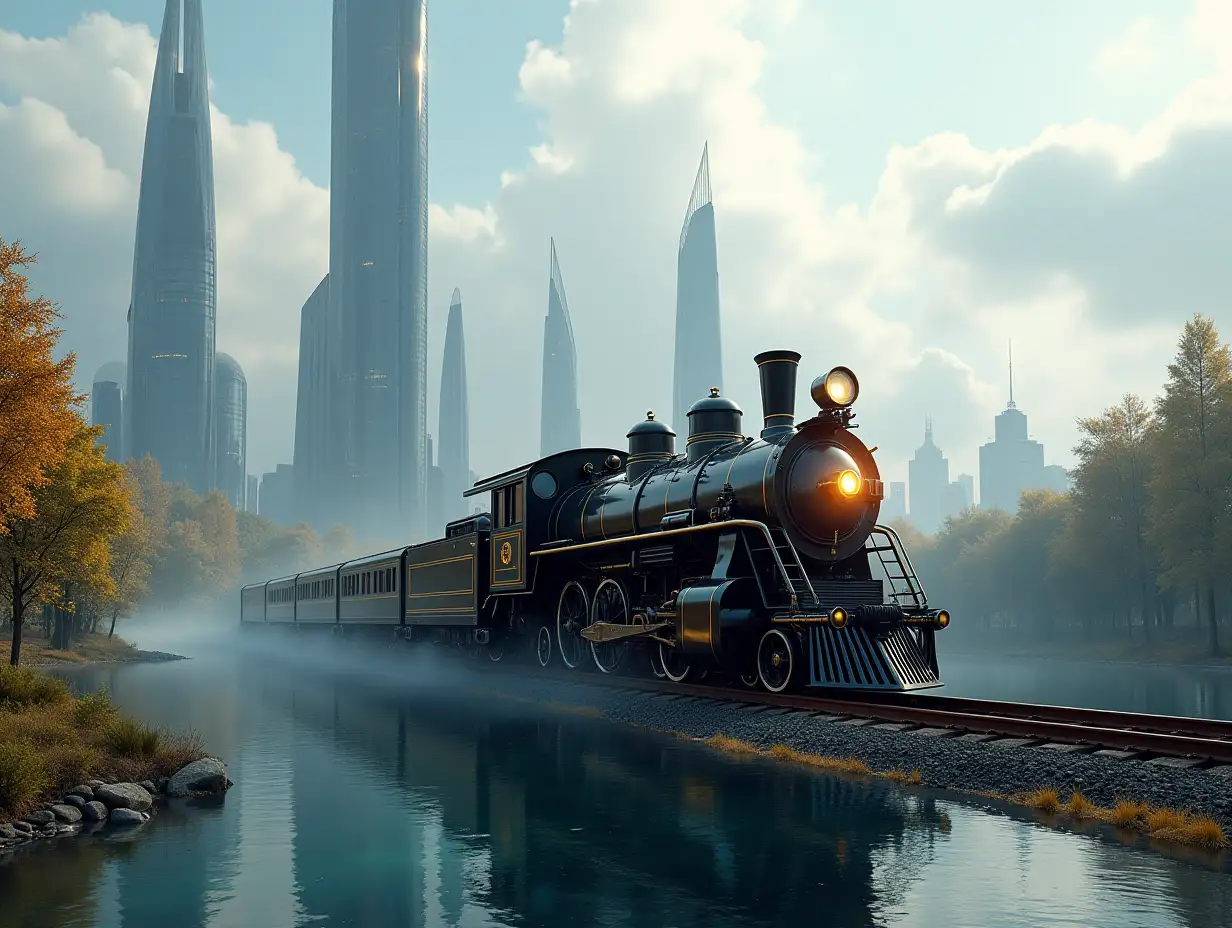 Create a high-resolution realistic image in 4k resolution: a futuristic black and gold locomotive with silver on tracks and in the city with trees; a lake with futuristic tall buildings and a cloudy sky