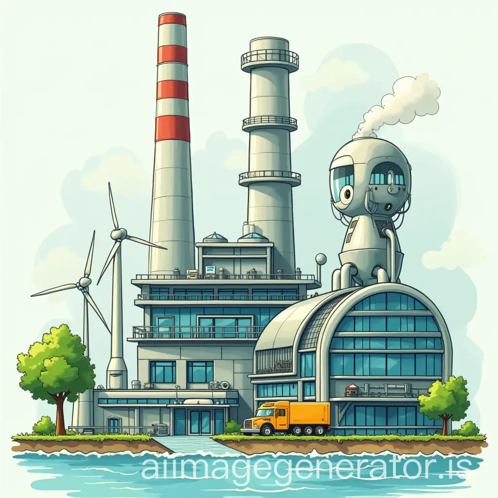can you make an image like a drawing on the theme of today's industry with modern factory, robot, green energy