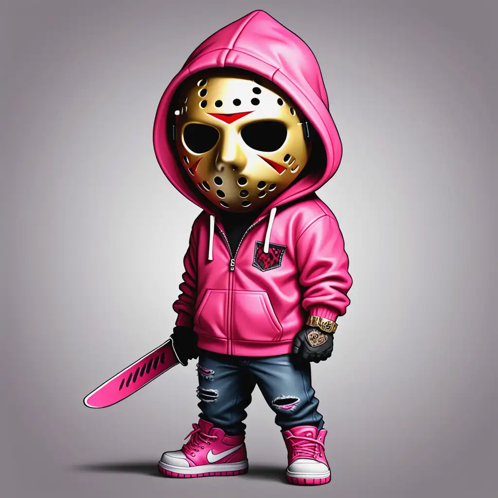 Thug Life Jason Voorhees Chibi Character in Pink Hoodie and Nike Sneakers