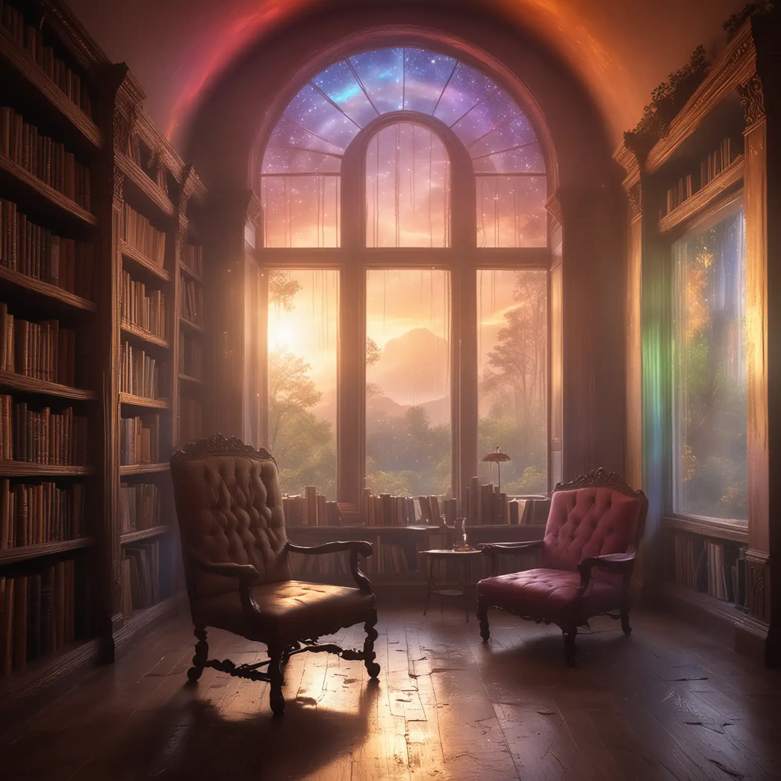 Magical study interior, enchanted bookshelves, ancient chair by the window, person gazing outside, Fantastic sky with a rainbow arching across, rainbow light cascading down in columns, bathing the room in ethereal glow, Mysterious magic light within the room for a mystical reading ambiance, Contrast between indoor and the fantastic outdoor scene, silhouette and magical aura, Fantasy style with mystical colors and elements to capture the enchantment within the study room and the rainbow light pillars beyond