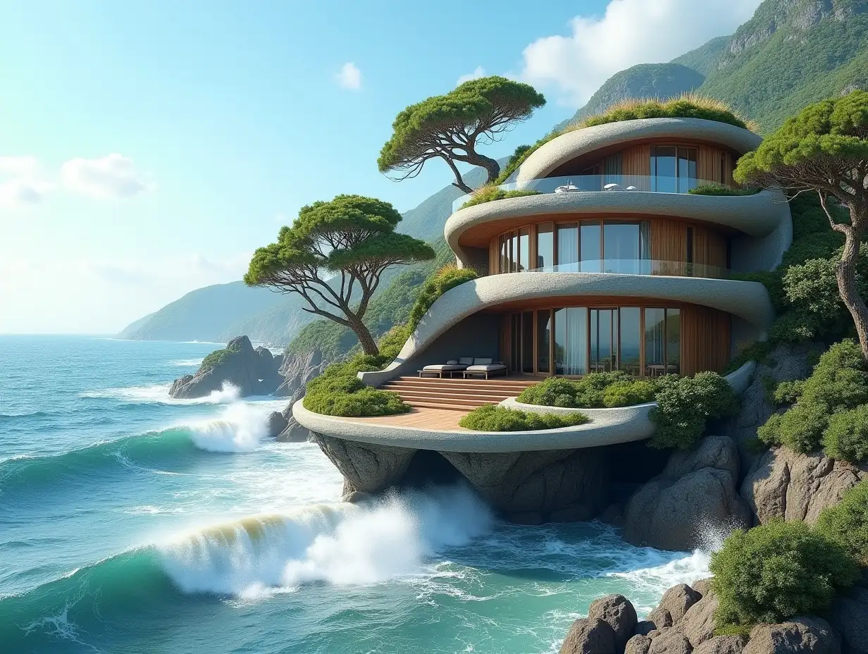 Create a high-resolution, realistic panorama image of a futuristic terrace building with steps to the sea window snail house with many plants and gray and brown facades with sea very large waves, big trees, blue sky