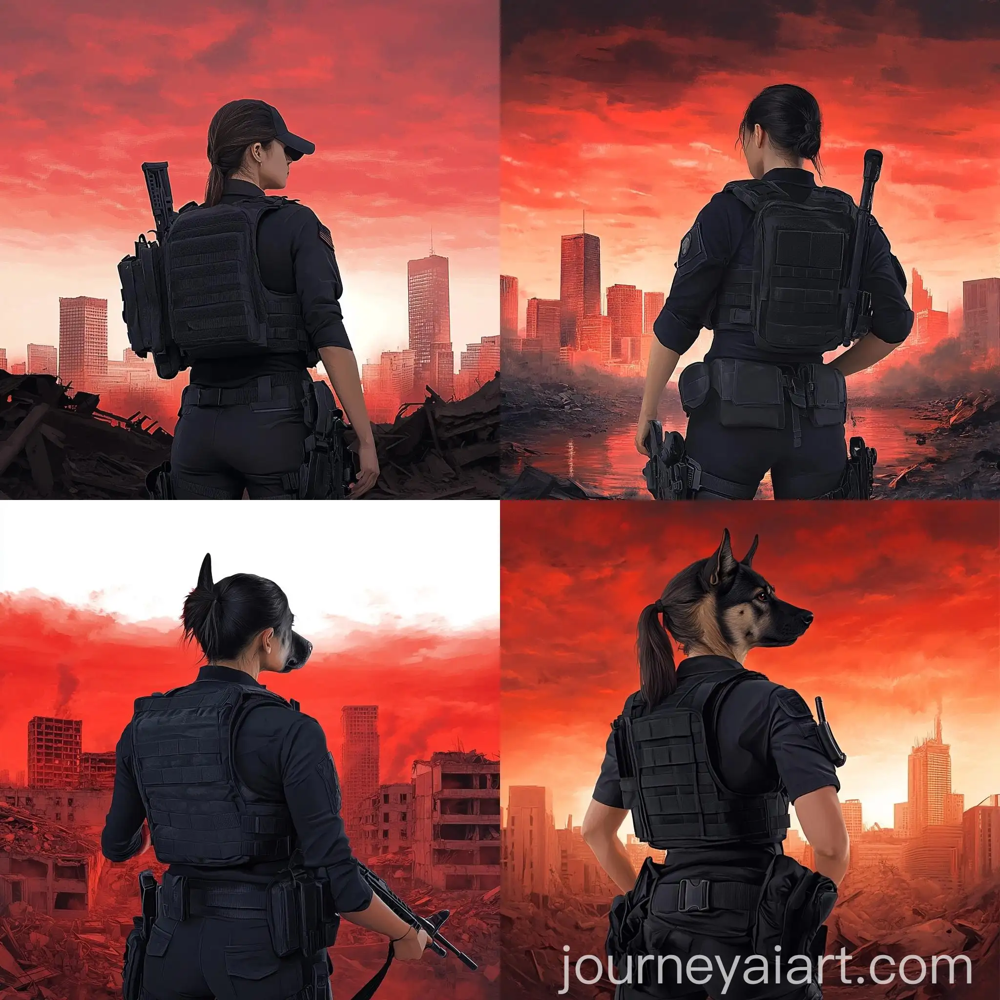 Cityscape-with-Red-Sky-and-Companion-Dog