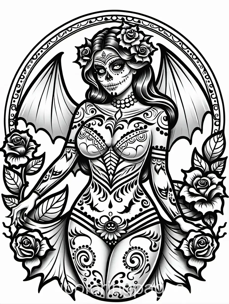 Sugar-Skull-Woman-Coloring-Page-with-Spiders-and-Bats