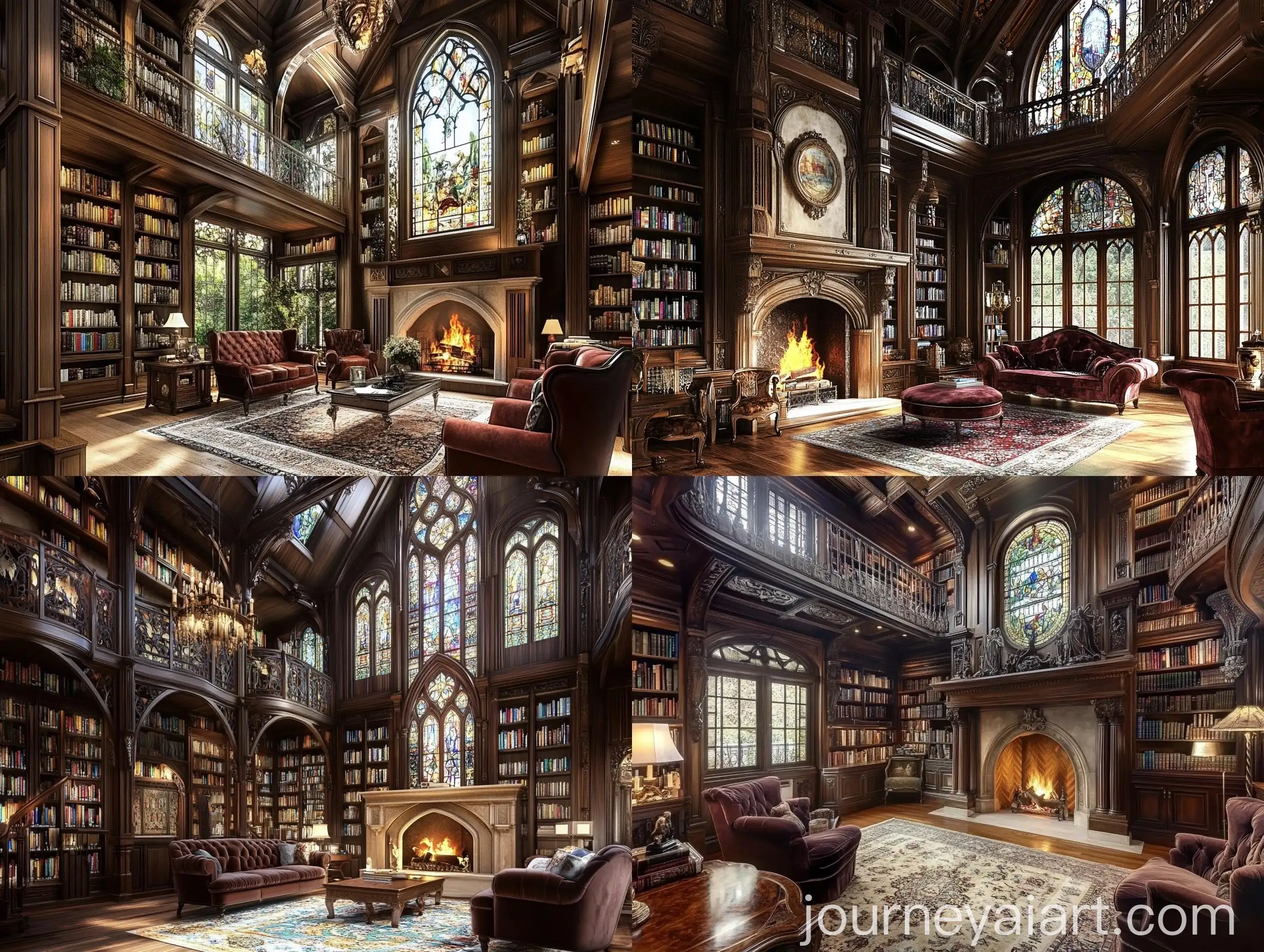 Elegant-Home-Library-with-Cathedral-Ceiling-Stained-Glass-and-Plush-Seating