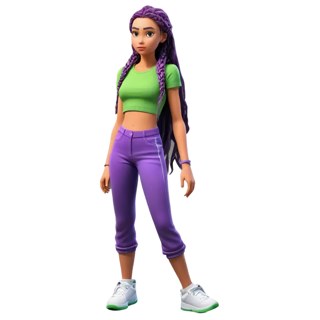 Realistic-Cartoon-Teen-Girl-in-Purple-CropTop-TShirt-and-Green-Pants-PNG-Image