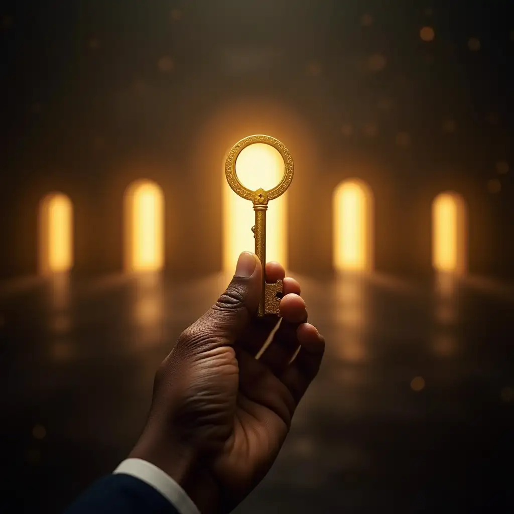 African American Hand Holding a Golden Key with Glowing Gates