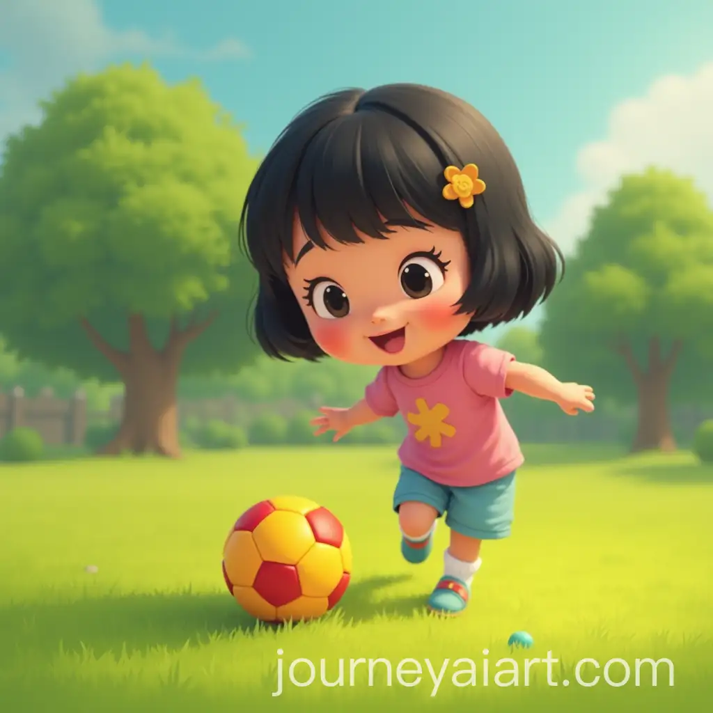 PixarStyle-Asian-Girl-Playing-with-a-Colorful-Ball-on-the-Lawn