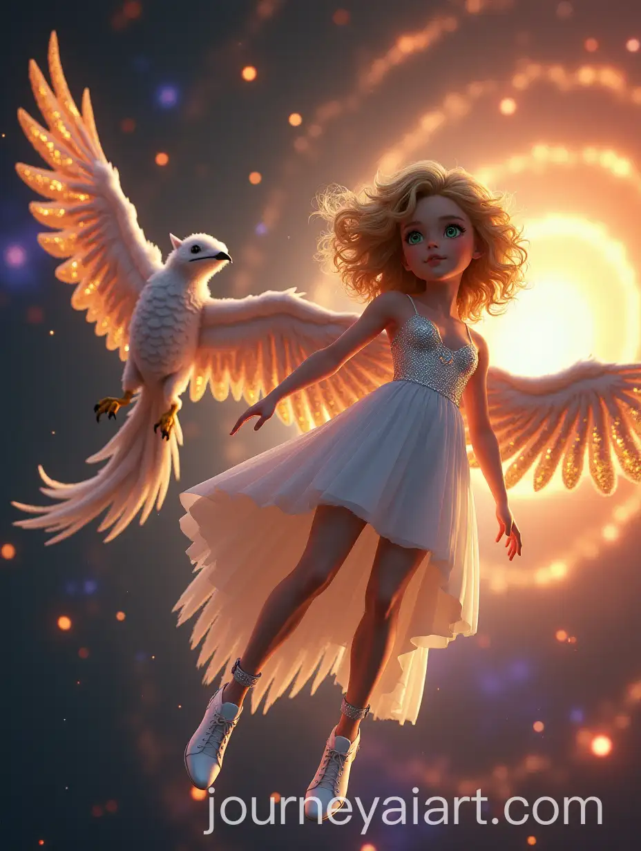 Girl-in-White-Dress-Floating-with-Mystical-Creatures-in-Space