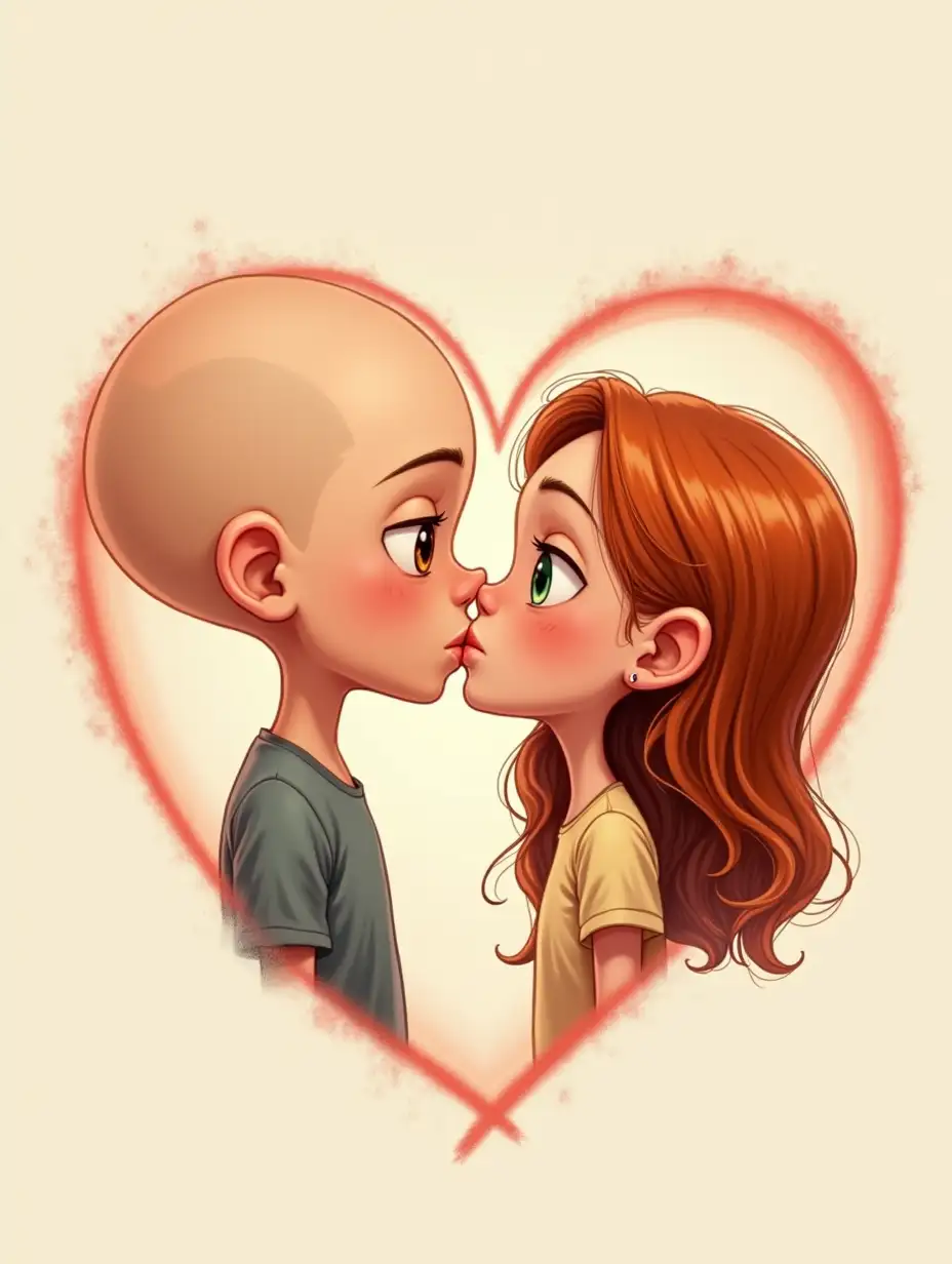 Caricature of a bald boy with verba and brown eyes kissing a girl with chestnut hair and green eyes. Image inside a heart