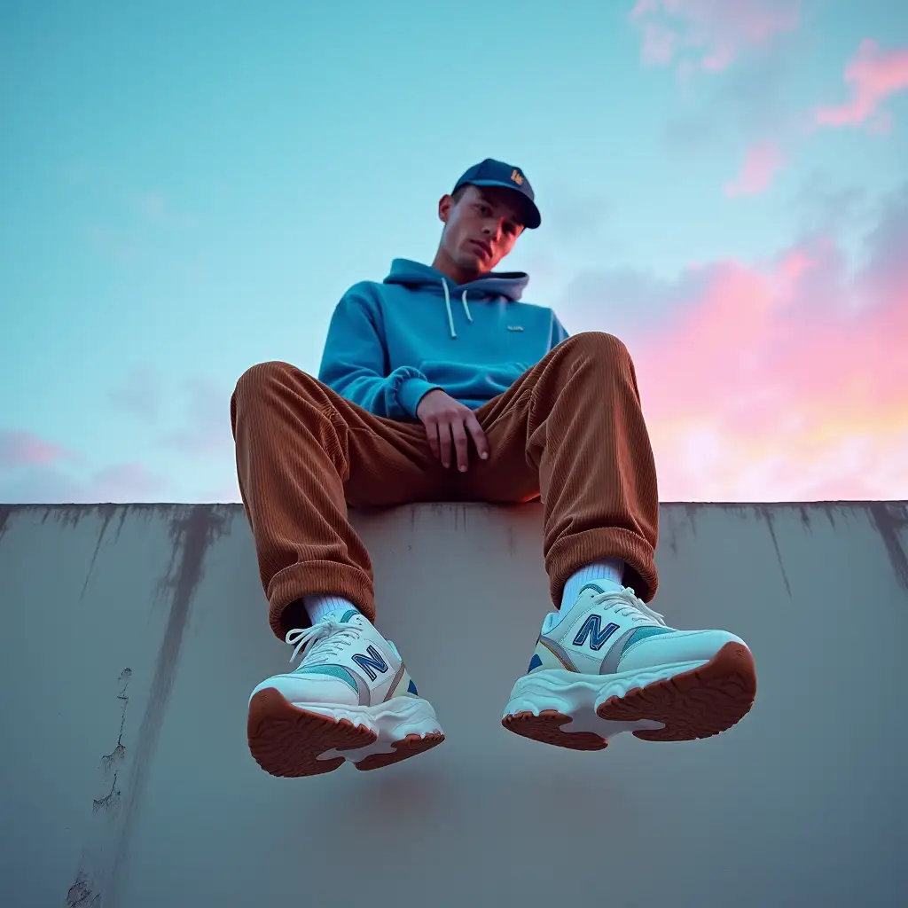 Gen-Z-Male-Model-Wearing-New-Balance-Sneakers-on-High-Wall-with-Urban-Sunset-Background