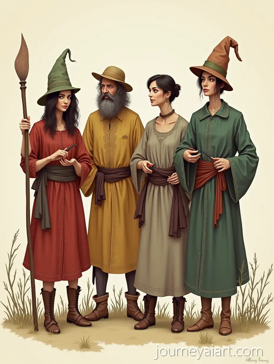 Four-Theatrical-Character-Costumes-HatTheater-play-costume-groups-People-Busy-Hands-People-Scrapped-Knee-People-and-Sing-People