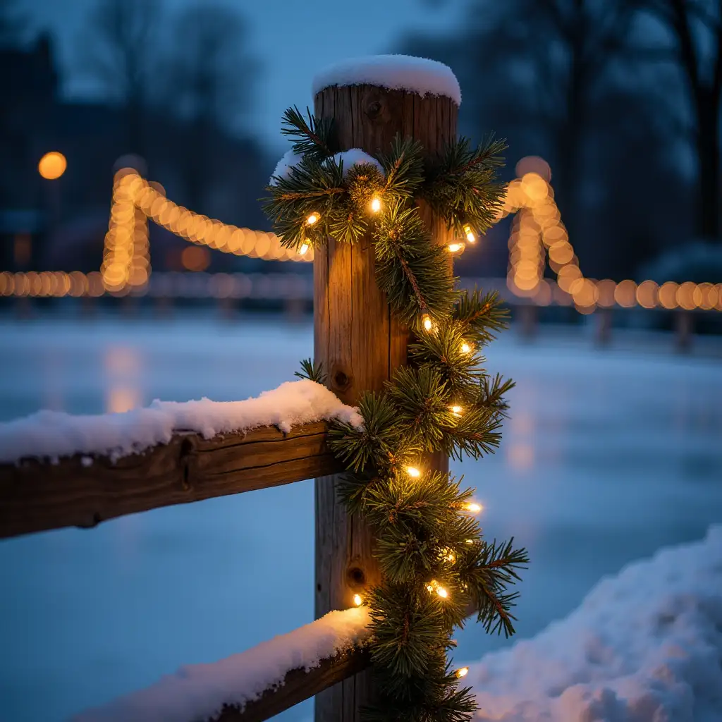 A Christmas fence post, decorated with a light garland, with an ice rink behind it