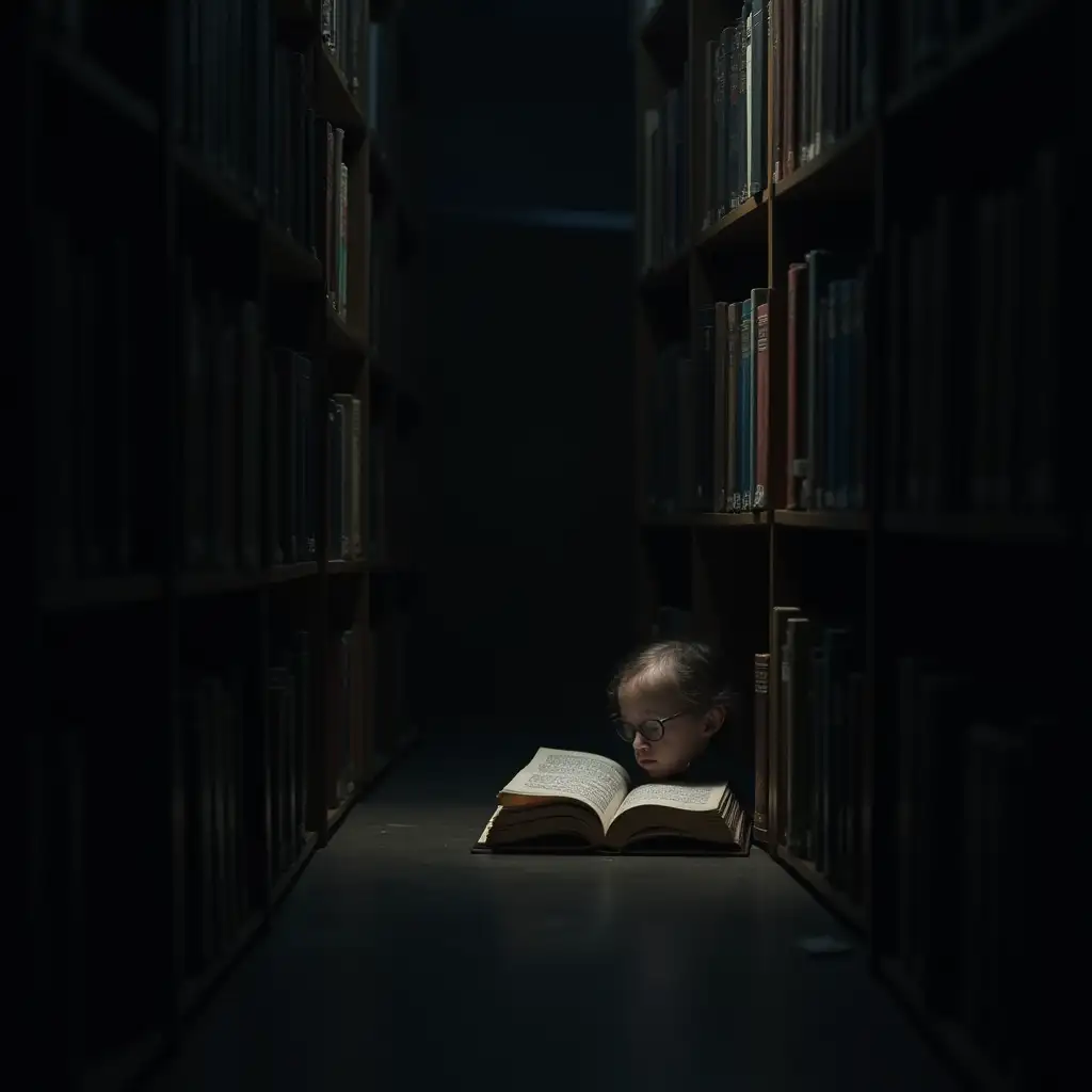 Night in a library, The camera slowly moves through dark bookshelves. You hear soft crackling, Suddenly a book twitches, then another, book covers open like eyelids, pages begin to move slowly, The books come to life, still a little sleepy and disoriented.