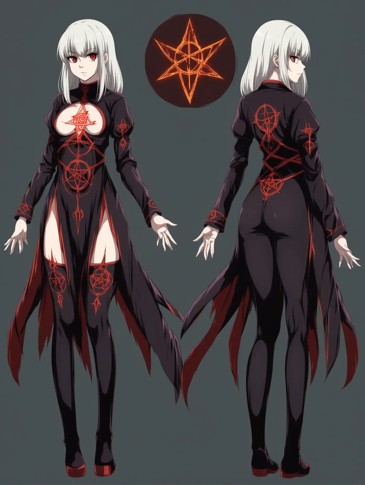 Hot anime girl, in 2 poses full body with front and back view, occultist