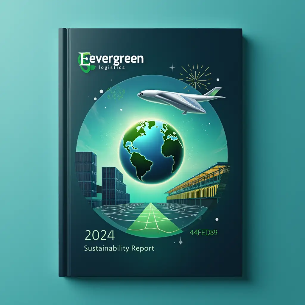 A minimalist cover design in geometric style, combining circle and square elements. Central abstract Earth globe with green cycle arrows, surrounded by: 1. stacked blue rectangular blocks (cargo containers) with wavy lines below, 2. silver-gray curved triangle (airplane wing) with light particles trail, 3. perspective warehouse structure with golden grid roof and green path. Background gradient from dark blue (#0F2C59) to green (#4F9D87) with translucent grid overlay. Text '2024 Sustainability Report' in clean typography, Evergreen Logistics logo on top. Corporate style, eco-tech aesthetic, soft light shadows, 3D rendering, ultra HD --ar 3:4 --v 6.0