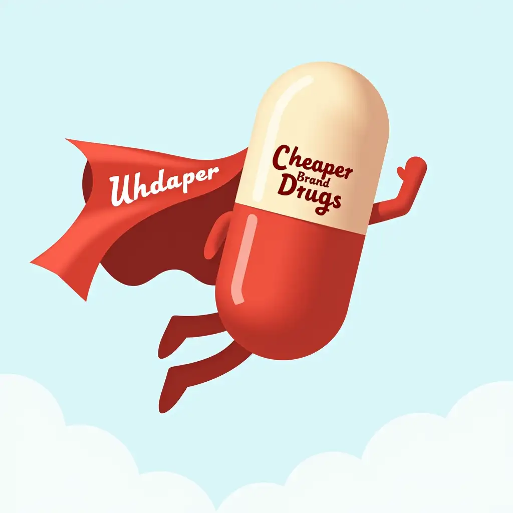 Create an image of a superhero whose body is shaped like a classic capsule—elongated and rounded, but with a distinct head and limbs. The capsule should be flying sideways in a dynamic pose with one hand raised. The superhero is wearing a red cloak that prominently displays the bold text 'Cheaper Brand Drugs.' Emphasize the capsule shape with clear, smooth lines and ensure the overall style is vibrant and playful.