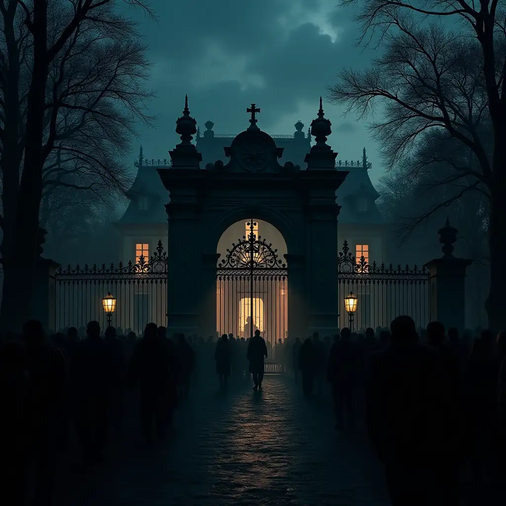 Noble-Villa-with-Gothic-Garden-and-Crowds-at-Night