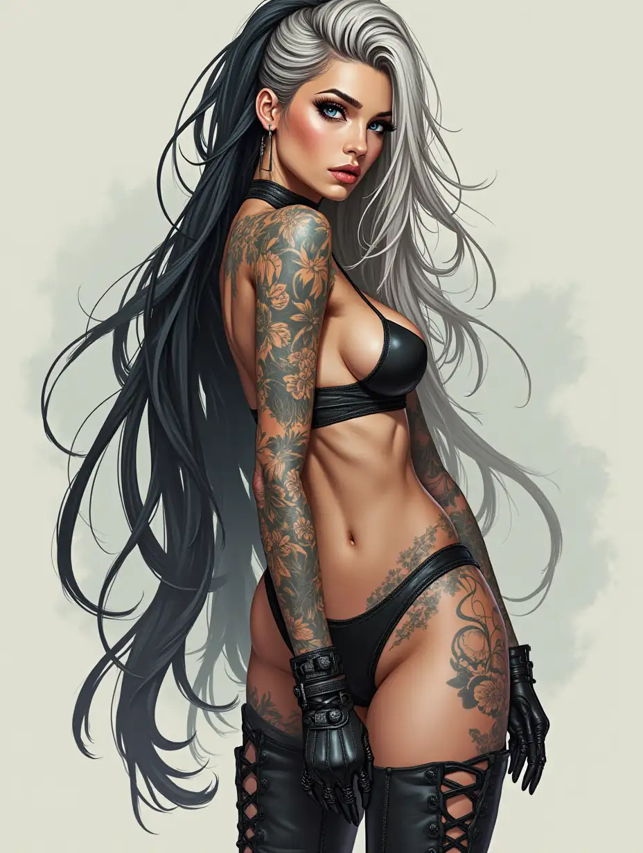 Depiction of a beautiful white woman with tattoos and long mixed white-black hair in a futuristic style and laced boots