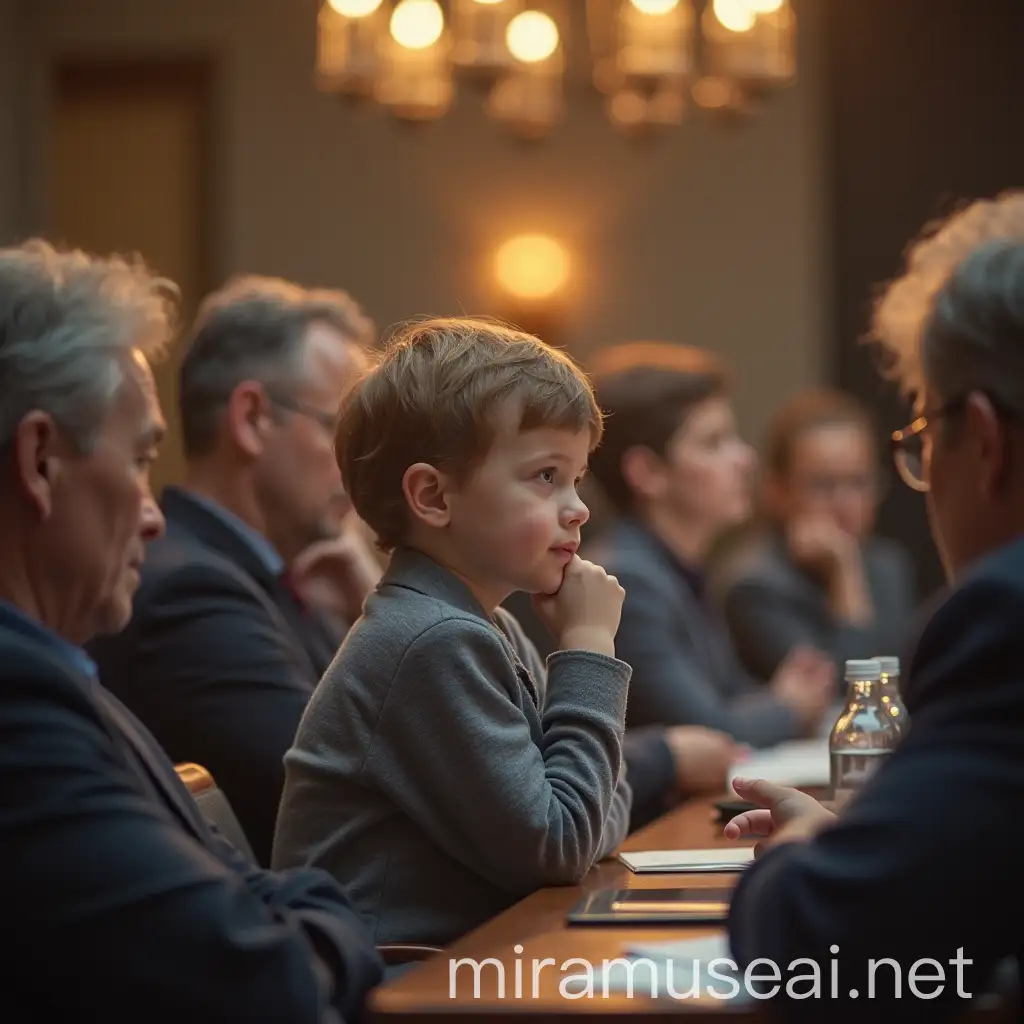 Curious Child Daydreaming at Corporate Board Meeting