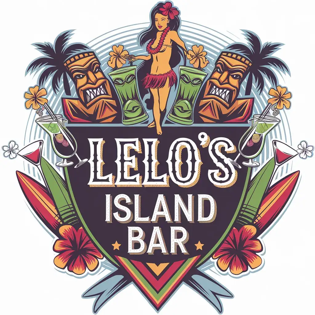 LOGO Design for Lelos Island Bar Vintage Retro Tiki Bar Theme with Hula Girls Tiki Drinks Surfboards