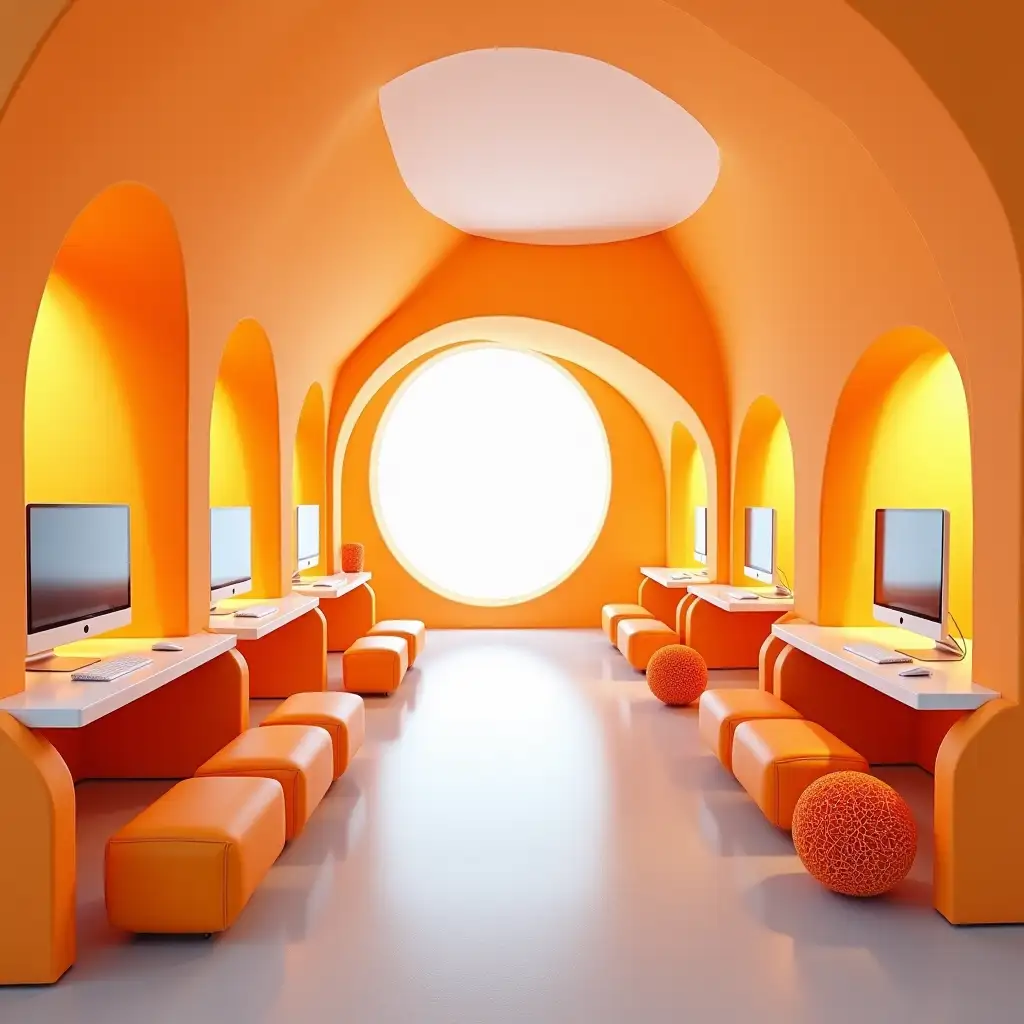 A brightly lit, modern study or workspace with unique, rounded orange architectural features, smooth surfaces, and rows of desks with computer monitors, accented with orange cushioned seating and textured orange balls, on light gray floors, evoking a futuristic, playful aesthetic.