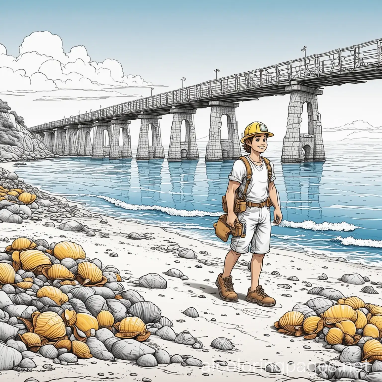 Cartoon-Beach-Builder-with-Yellow-Sea-Shells-and-Bridge