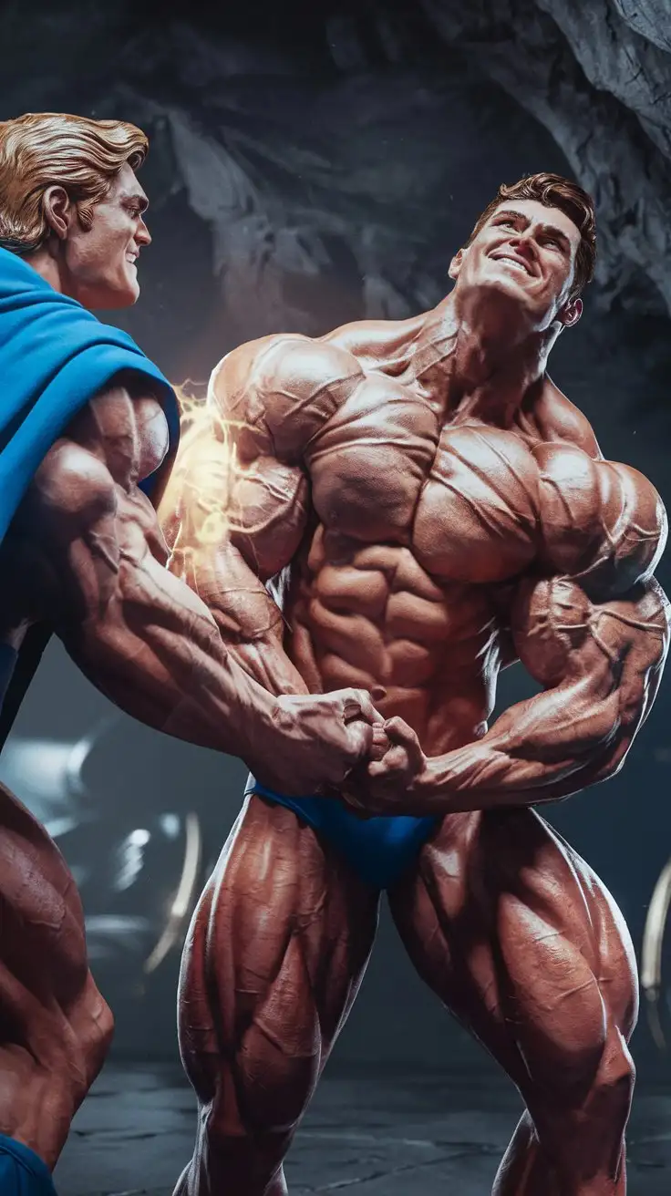 Powerfully muscled, hugely ripped, pumped, bodybuilder musclegod reverently receives the powers of the ultimate man, becomes a mighty superhero. 24 years old. Photorealistic.