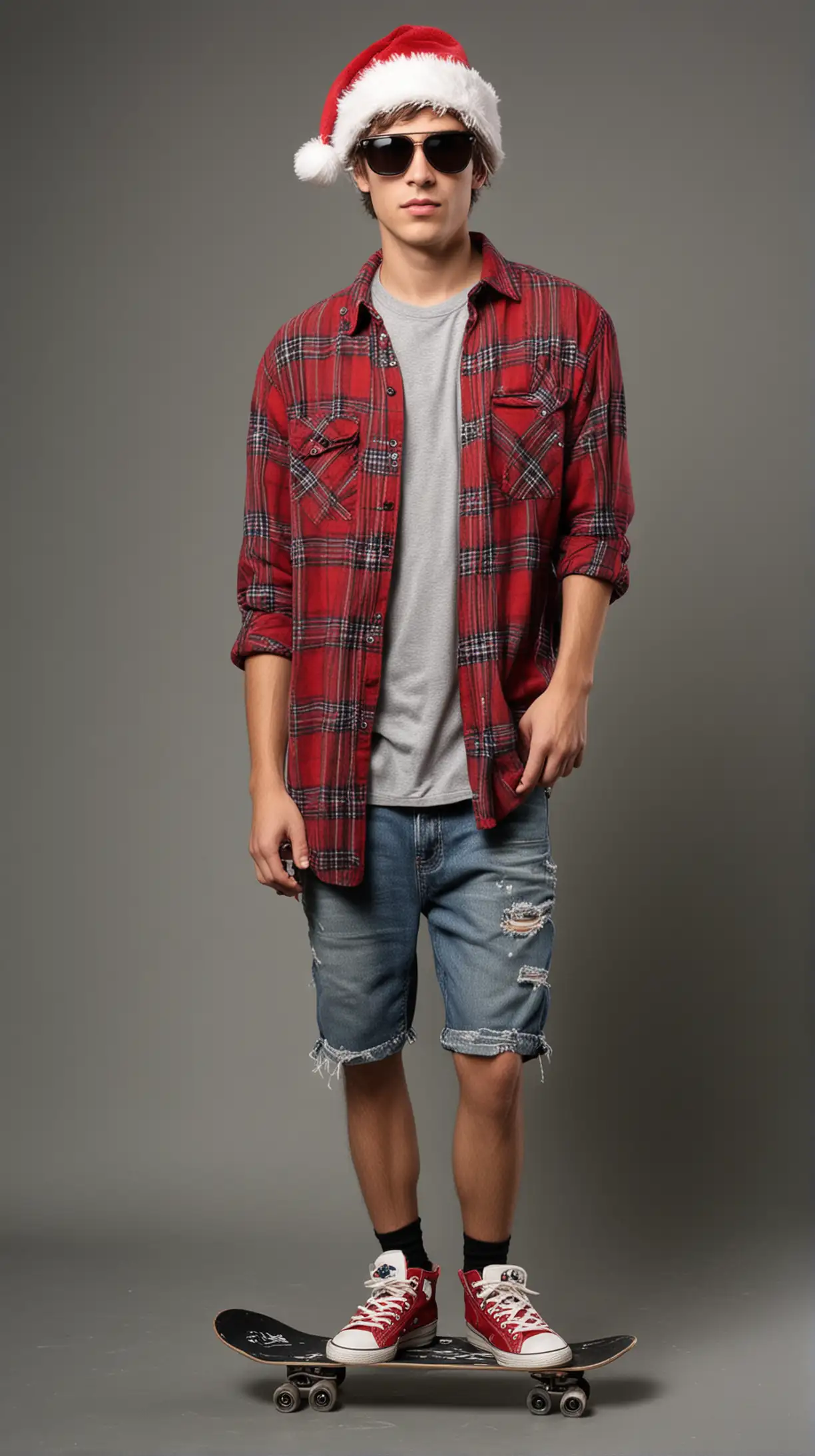 Grunge Young Man Skateboarding with Santa Hat and Sunglasses on Gray Background