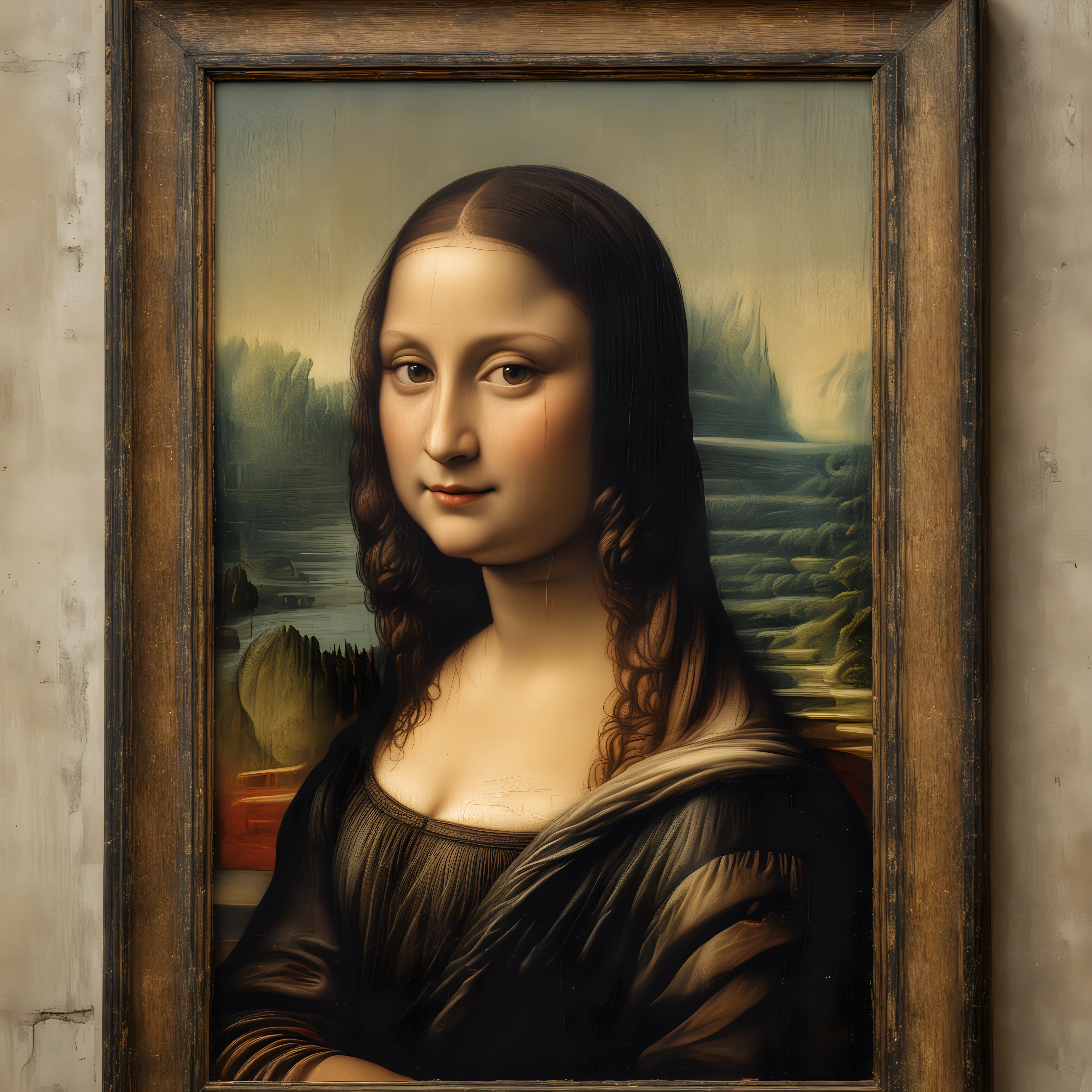 view strictly from the front: Painting Mona Lisa by Leonardo da Vinci, painted on a coarse-grained canvas. It is clearly visible that the painting is painted with oil paints, paint streaks are visible, multi-layered paint. Old canvas. Painting without a frame and baguette.