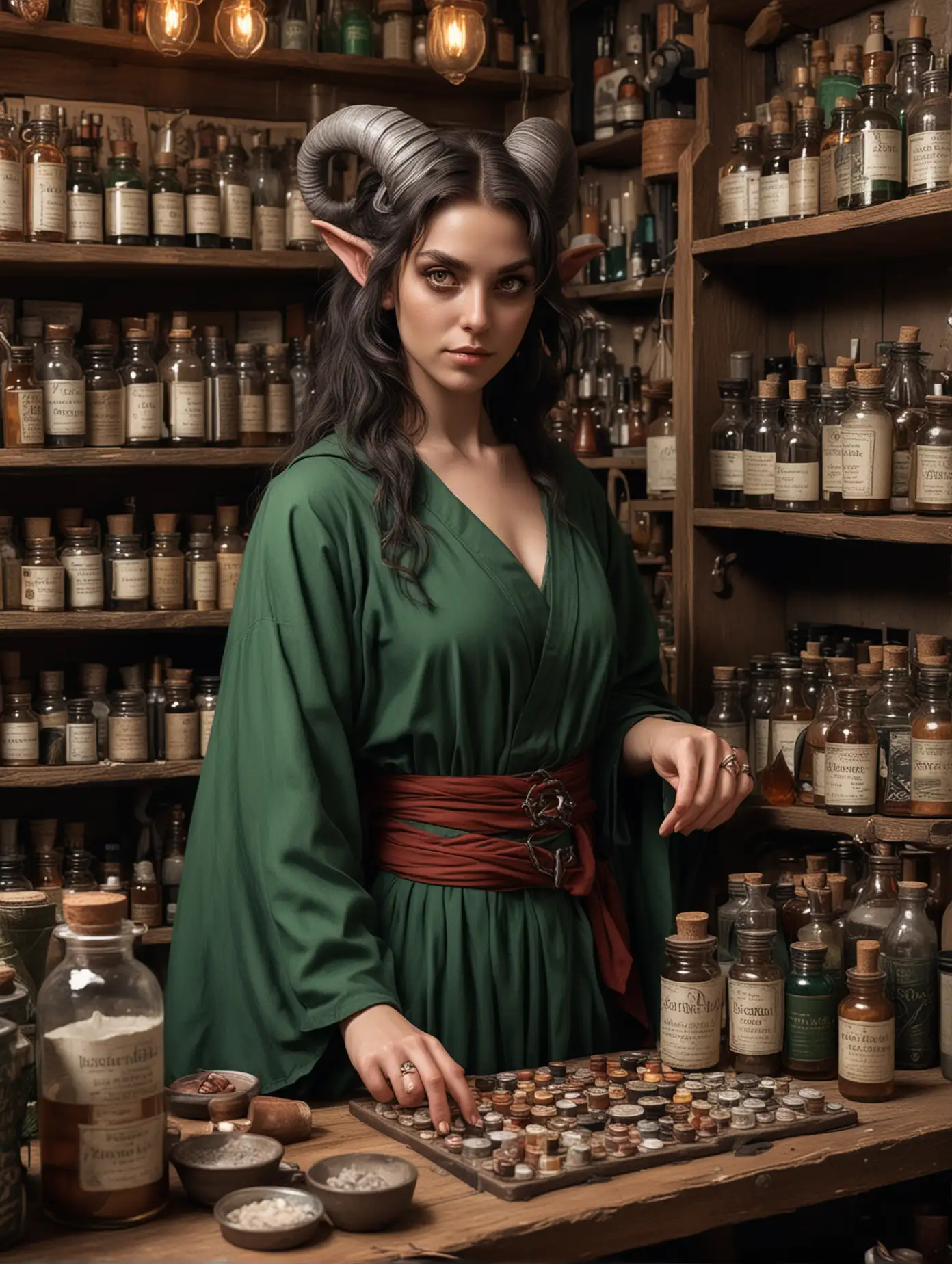 Enchanting Tiefling Apothecary with Potions and Salves