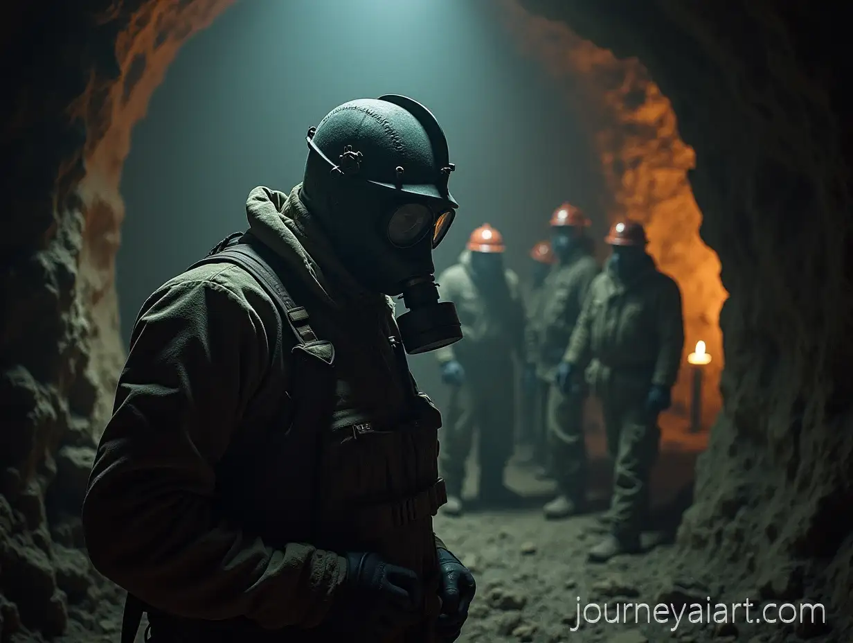 Harry-WAI-Image-Expansionarden-in-a-Dark-Cave-with-100-Miners-Top-View-One-Holding-a-Pickaxe