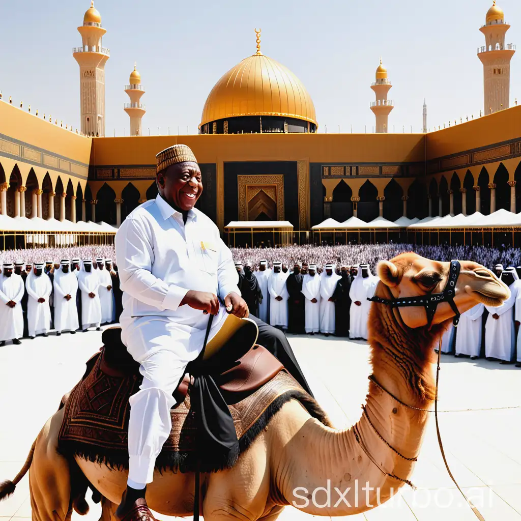 cyril ramaphosa riding a camel next to the kaaba