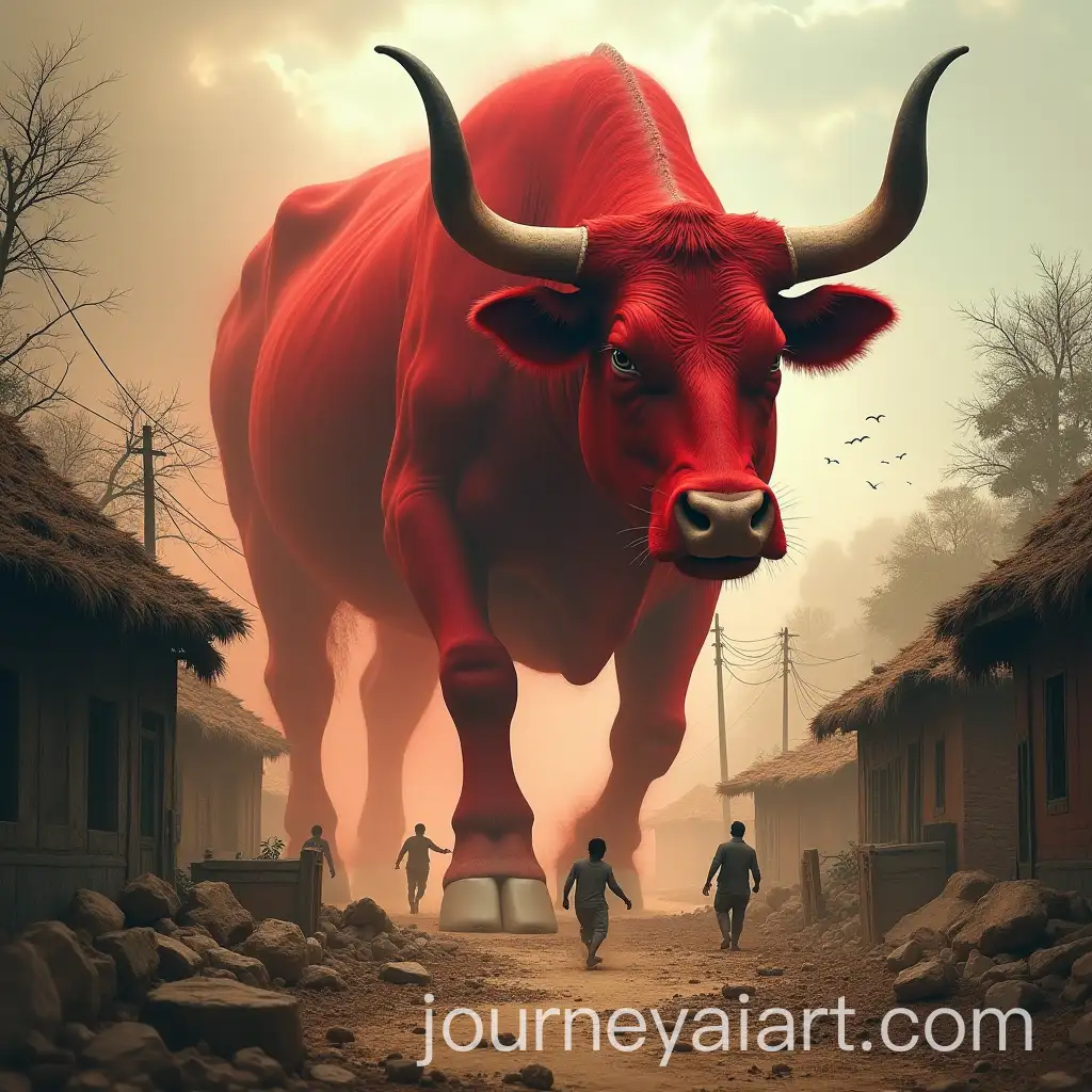 Giant-Red-Cow-Rampaging-Through-Village-Crushing-Houses-and-Trees