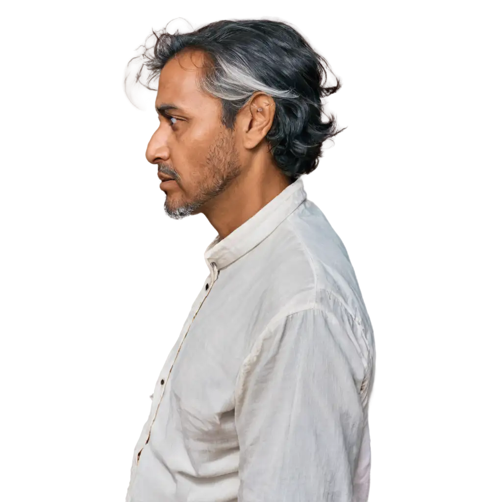 A portrait image of profile of an middle aged Indian beggar man wearing white kurta, disheveled hairs.