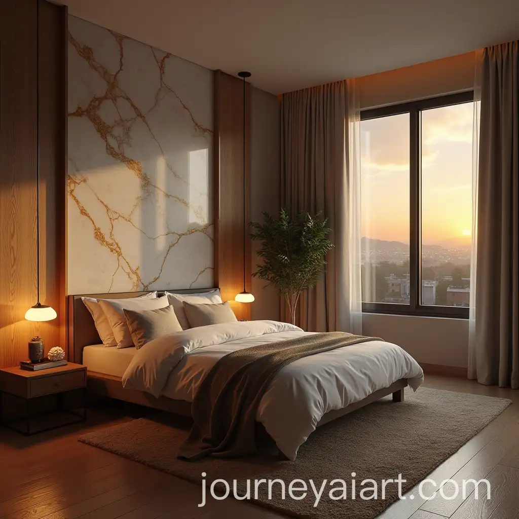 Modern-Bedroom-with-Romantic-Sunset-and-Marble-Wall