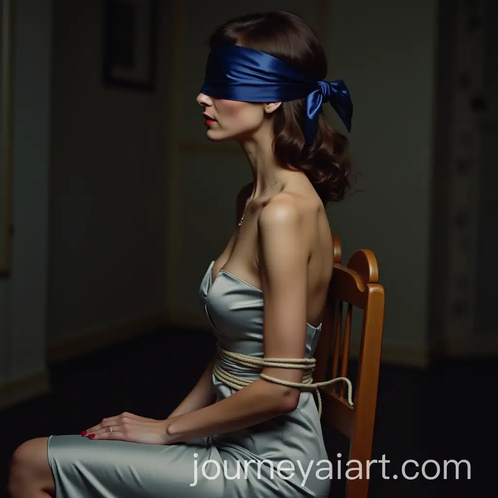 Kidnapped-Woman-Bound-in-Satin-Dress-with-Blindfold