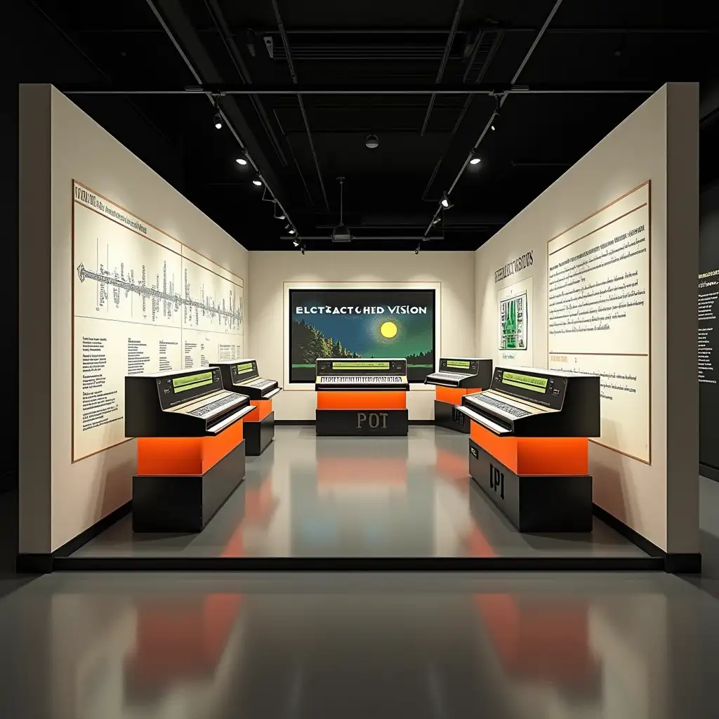 A conceptual design of a small museum exhibition dedicated to Polish electronic organs on a 50 square meter space. The layout includes four zones: 1) an introductory area with a timeline and diagrams on the walls, 2) display cases with iconic models of Polish electronic organs like Eltra B-11 and Unitra B-2, accompanied by touchscreens providing historical information and sound samples, 3) an interactive area with digital keyboards and headphones for visitors to simulate organ sounds, and 4) a future-focused zone with a short film playing on a large screen and an audio installation blending organ sounds with modern samples. The design style is minimalist with retro accents from the Polish People's Republic era, featuring black-and-white backgrounds and orange and green highlights. The lighting is subtle, with illuminated display cases and soft spotlights on key exhibits. Białe ściany