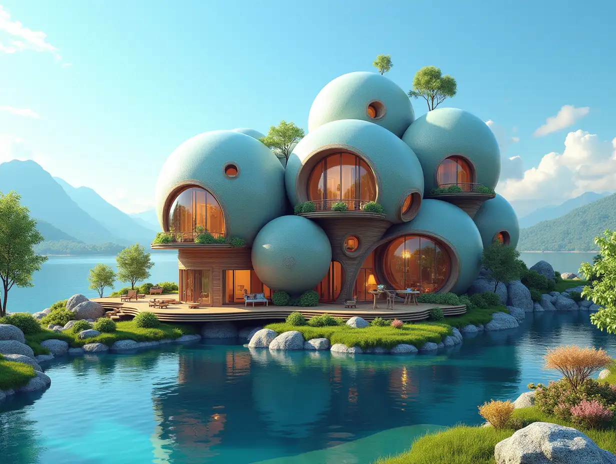 A futuristic multi-story house made of many holen lit glass balls and wood lies on the water, many plants and trees, blue sky, bright surroundings, mountains in the background, colorful 8k quality