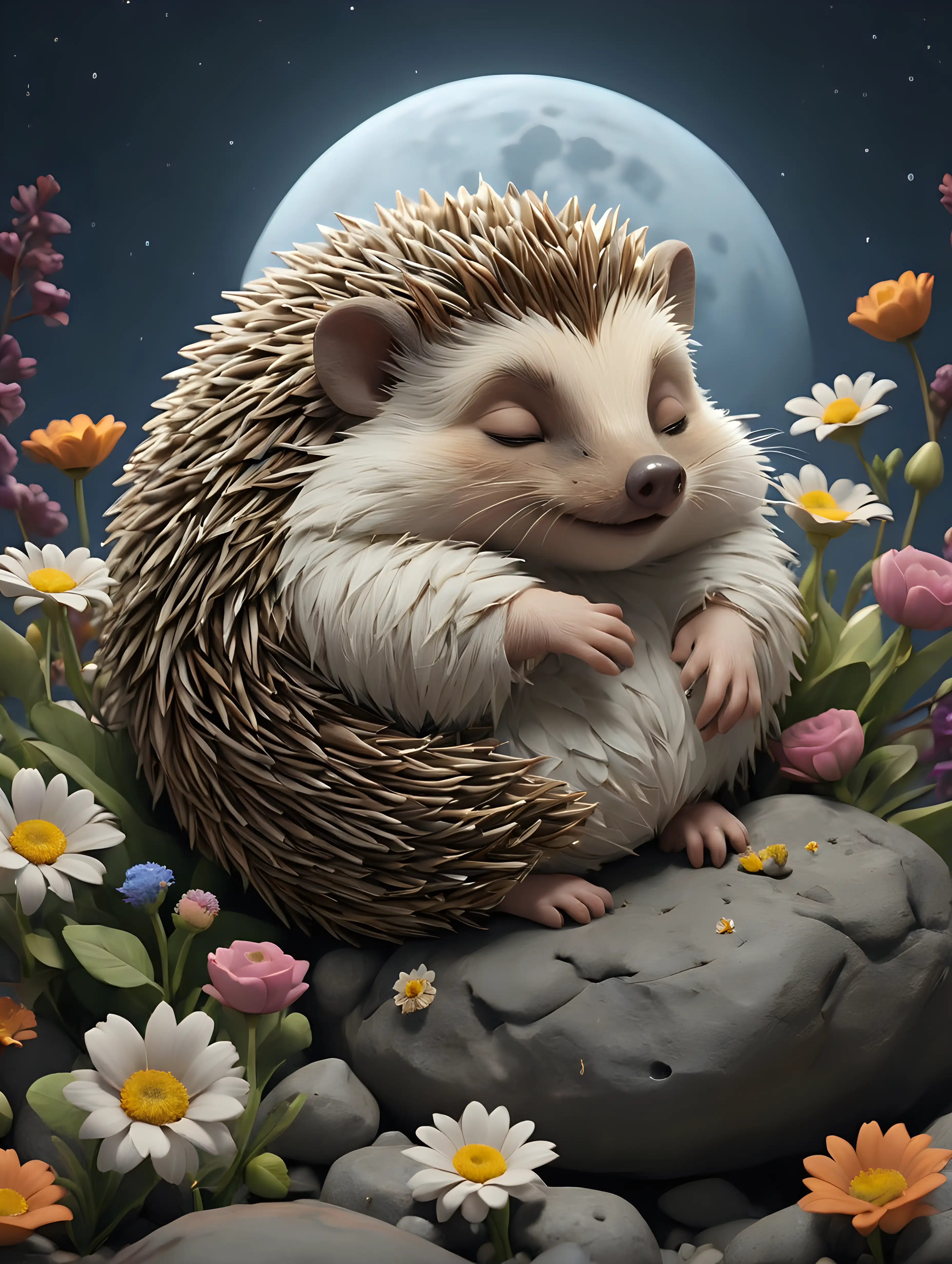 Sleepy Hedgehog Nestled Among Rocks and Flowers Under the Moon