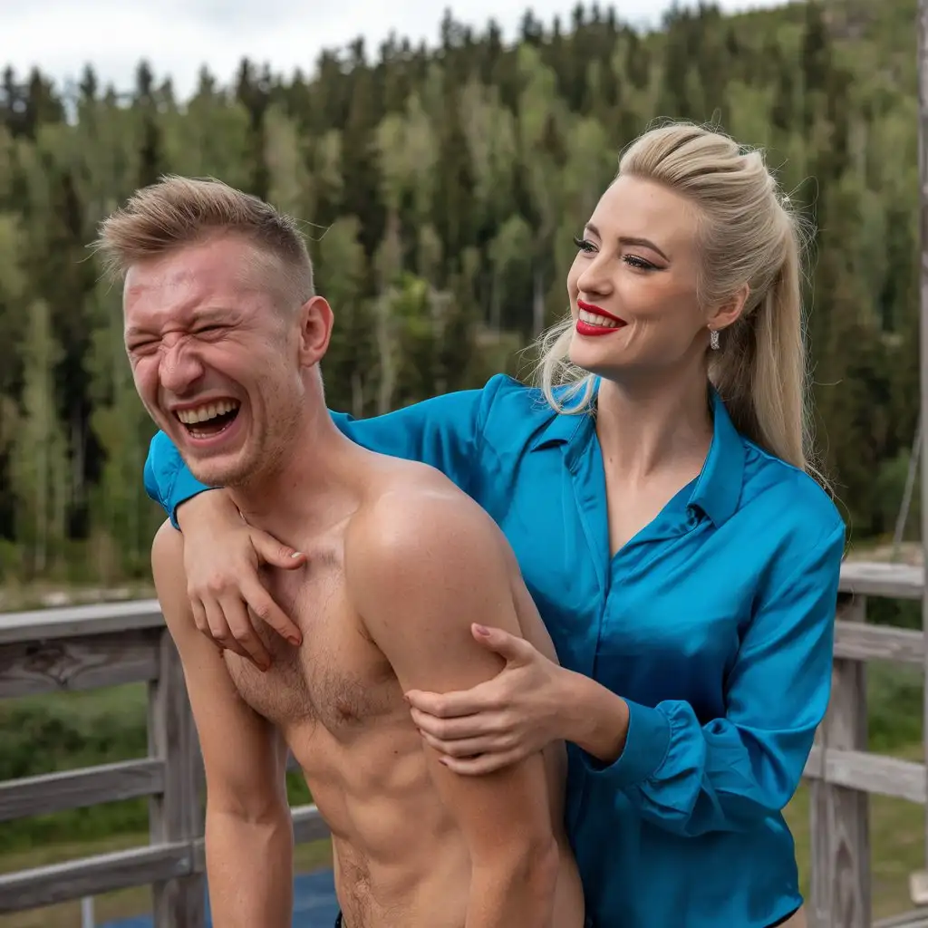 Man-Laughing-Hysterically-with-Woman-Behind-Him-in-Blue-Satin-Blouse